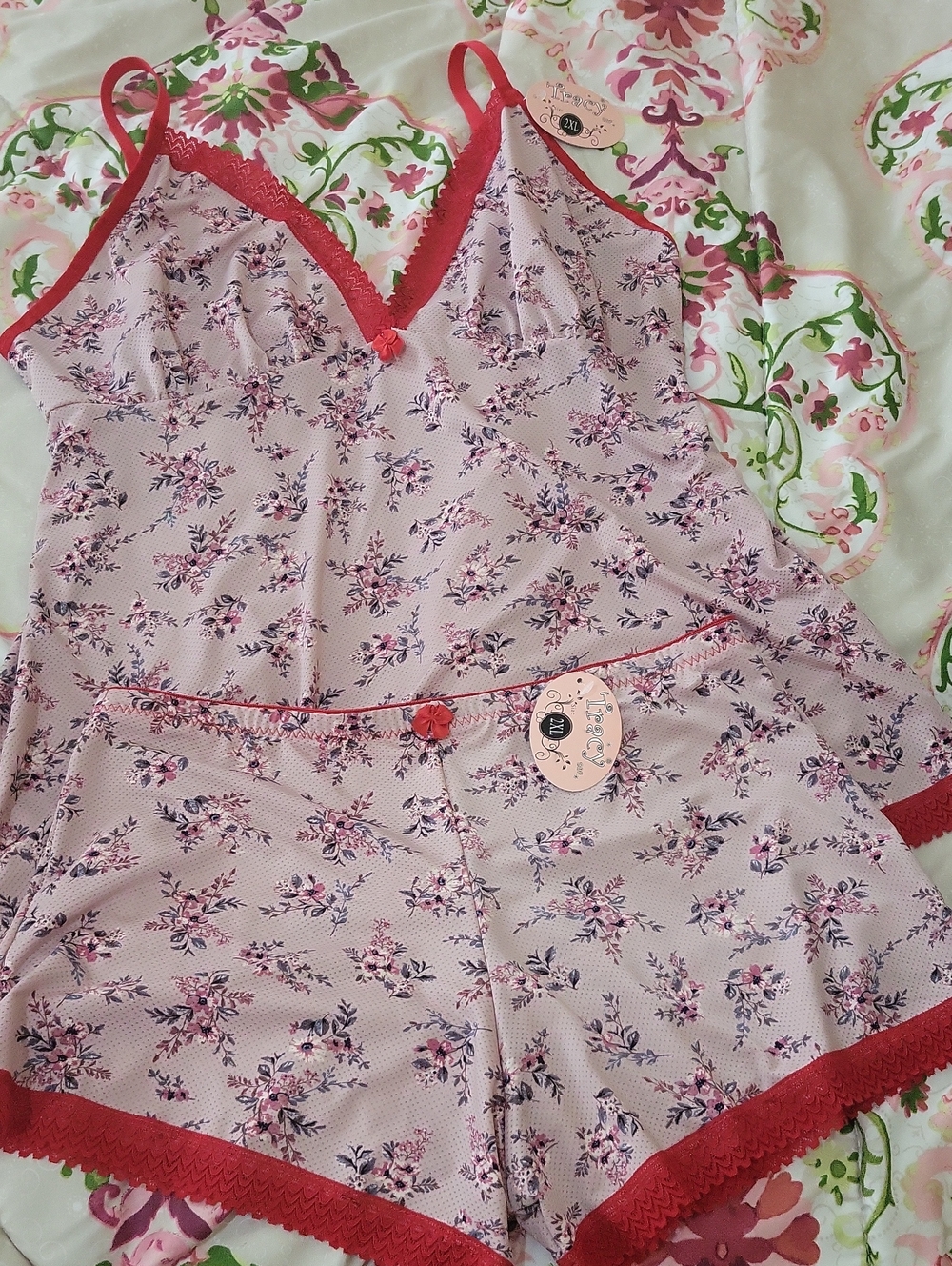Floral Lace-Trim Cami & Short Pajama Set - Pink with Red Trim